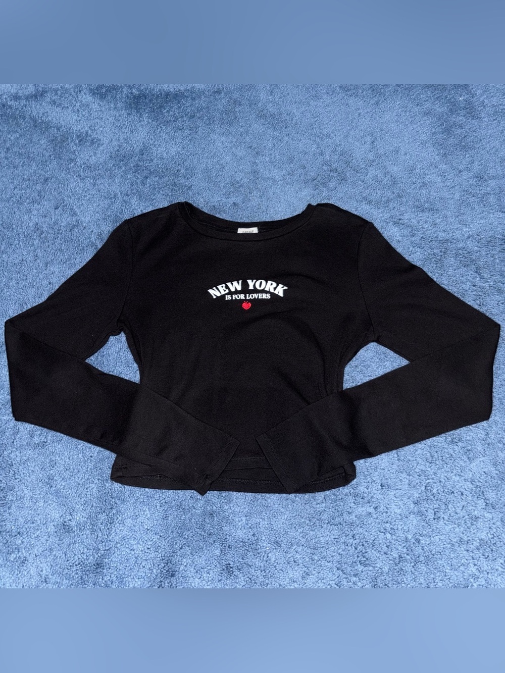 Garage Black Long Sleeve Crop Top with White 'New York' Script and Red Heart